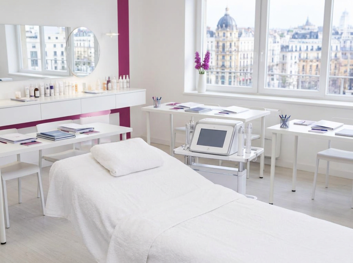 Aula técnica vacía preparada para formación profesional de estética